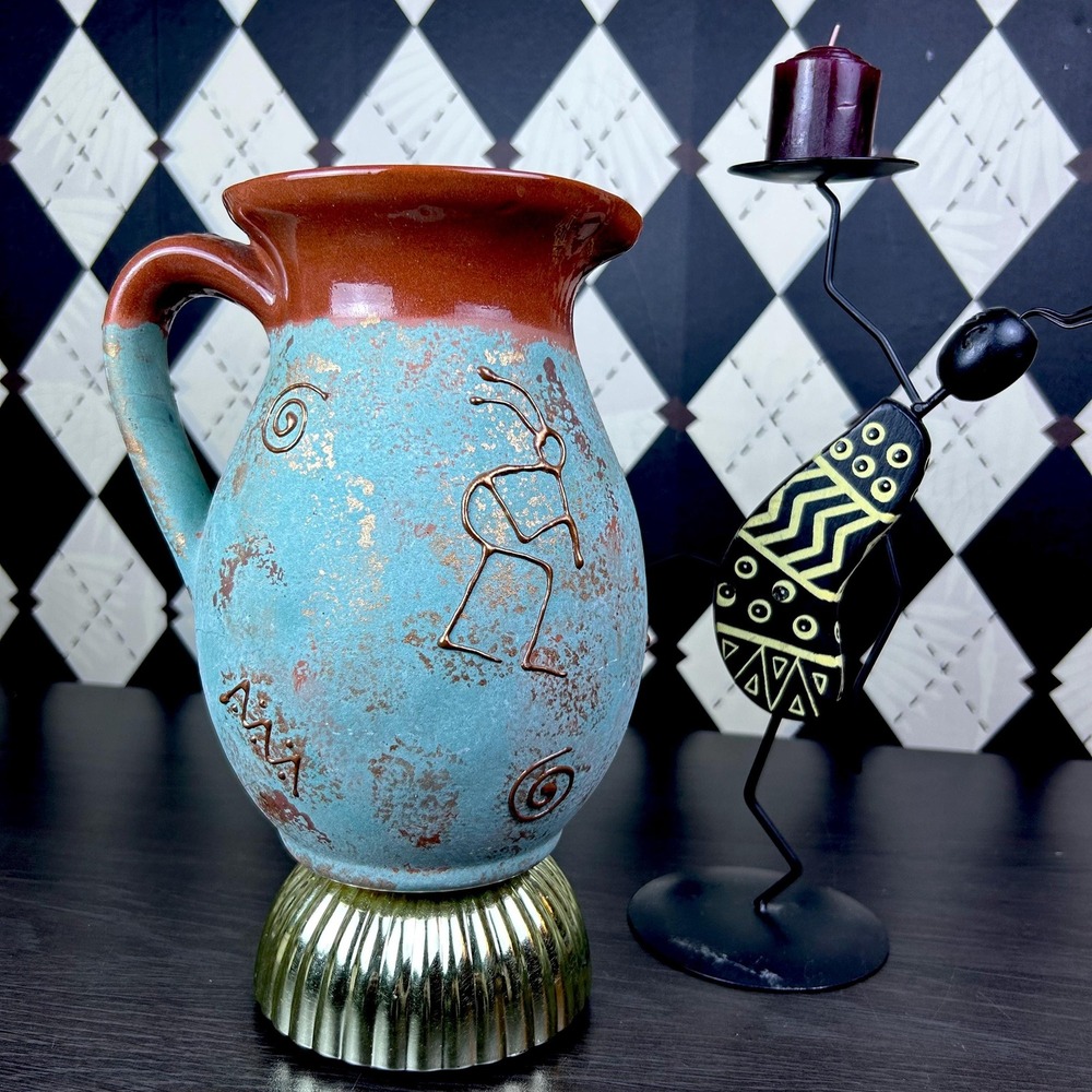 Southwestern Pottery Petroglyph Pitcher Turquoise And terracotta Vase Kokopelli - Picture 11 of 16